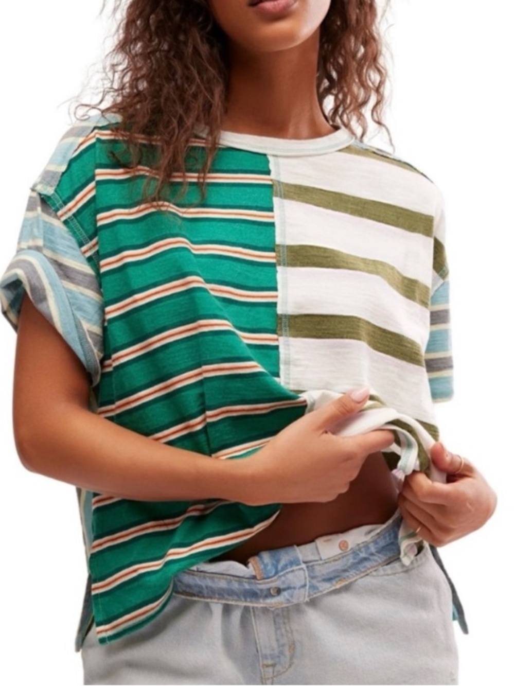 WE THE FREE Get Real Tee Oversized Striped Colorblock Cotton Green Size XS